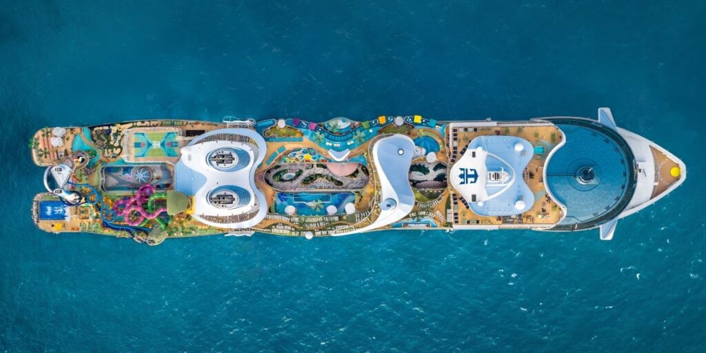 Aerial view of the massive Icon of the Seas cruise ship