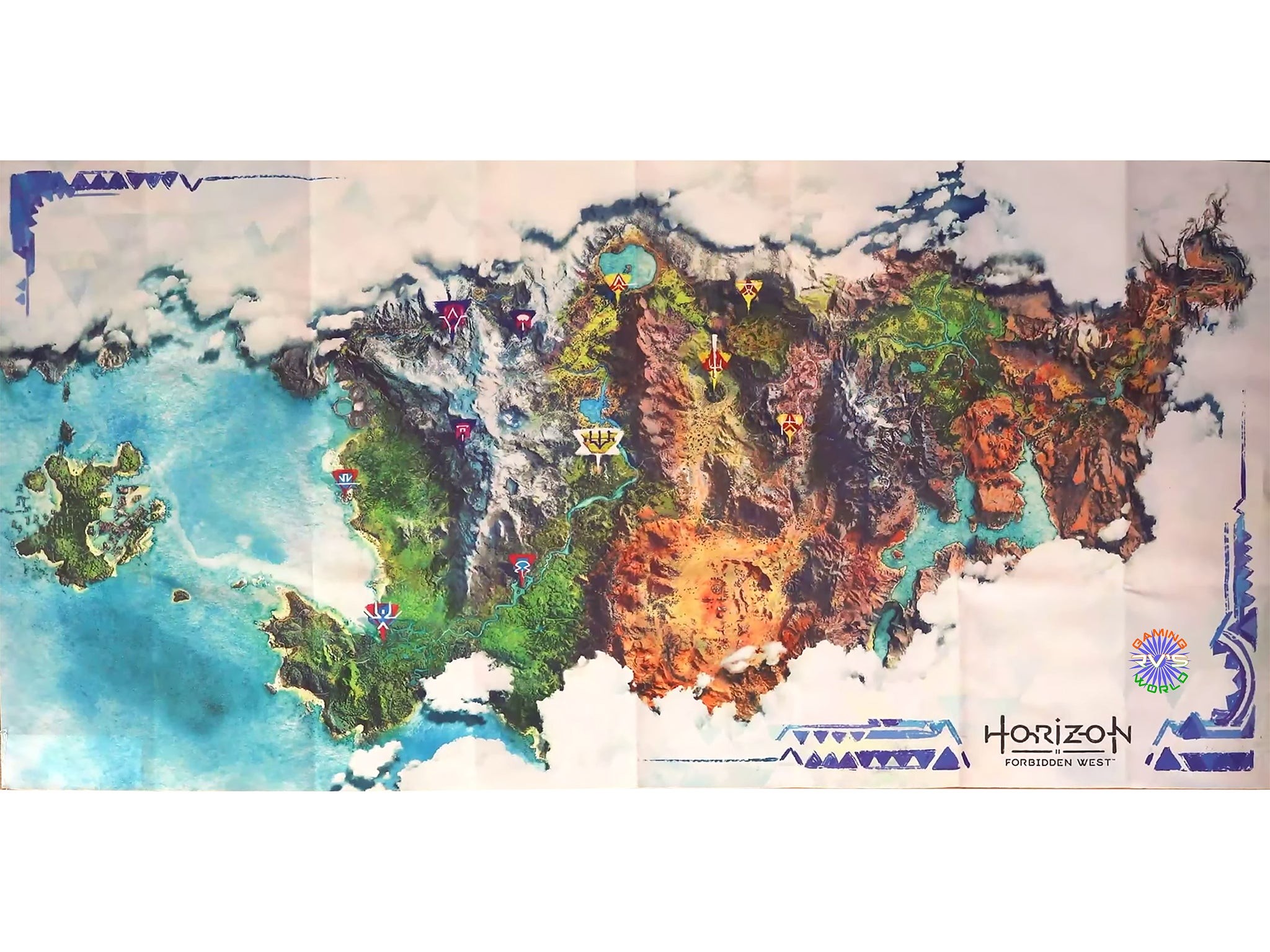 Horizon Forbidden West in-game map showcasing diverse terrains and points of interest, highlighting the game's open-world environment and map density compared to Horizon Zero Dawn.