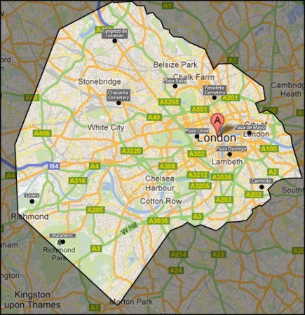 Map comparing the size of London and Buenos Aires, highlighting key landmarks for scale comparison, showing Buenos Aires is smaller than London.