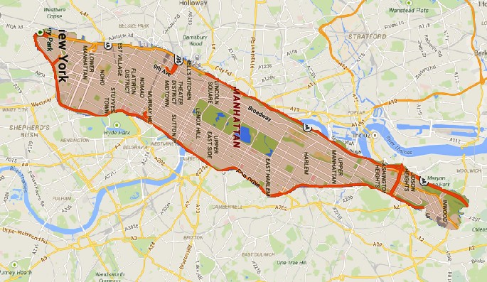 Manhattan superimposed over London, aligning the Theater Districts to visually compare city sizes.