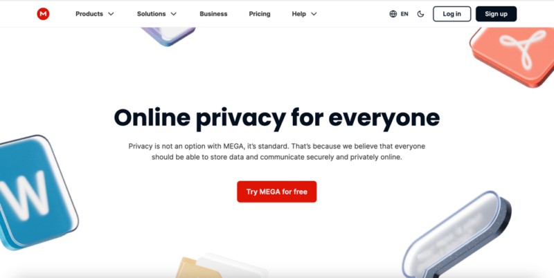 MEGA homepage highlighting free storage offering