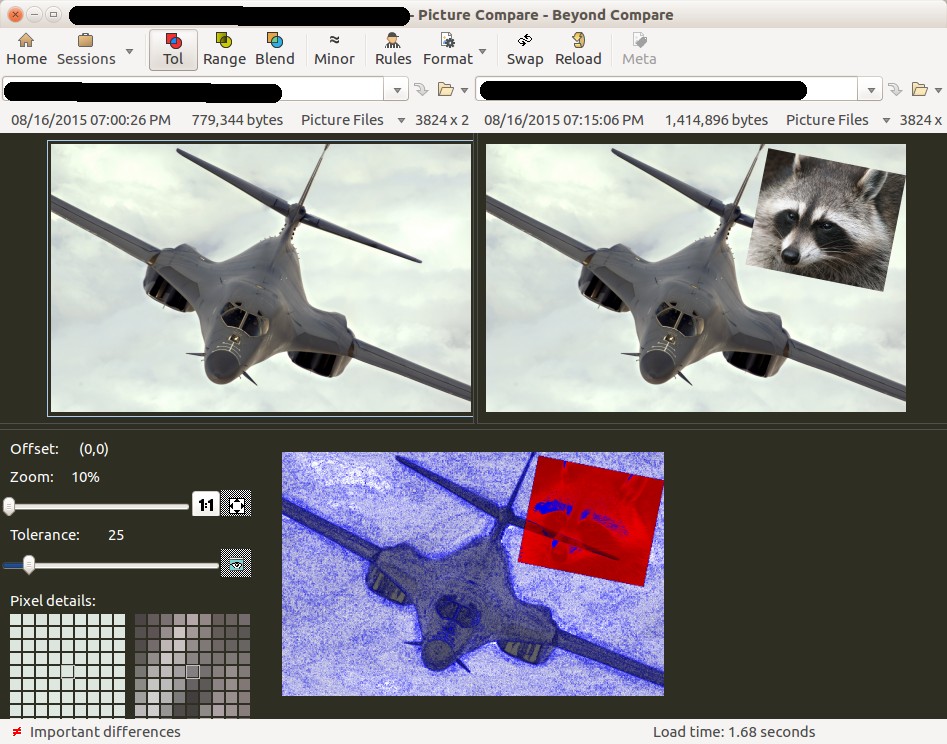 Side-by-side image comparison in Beyond Compare, highlighting differences for Linux users