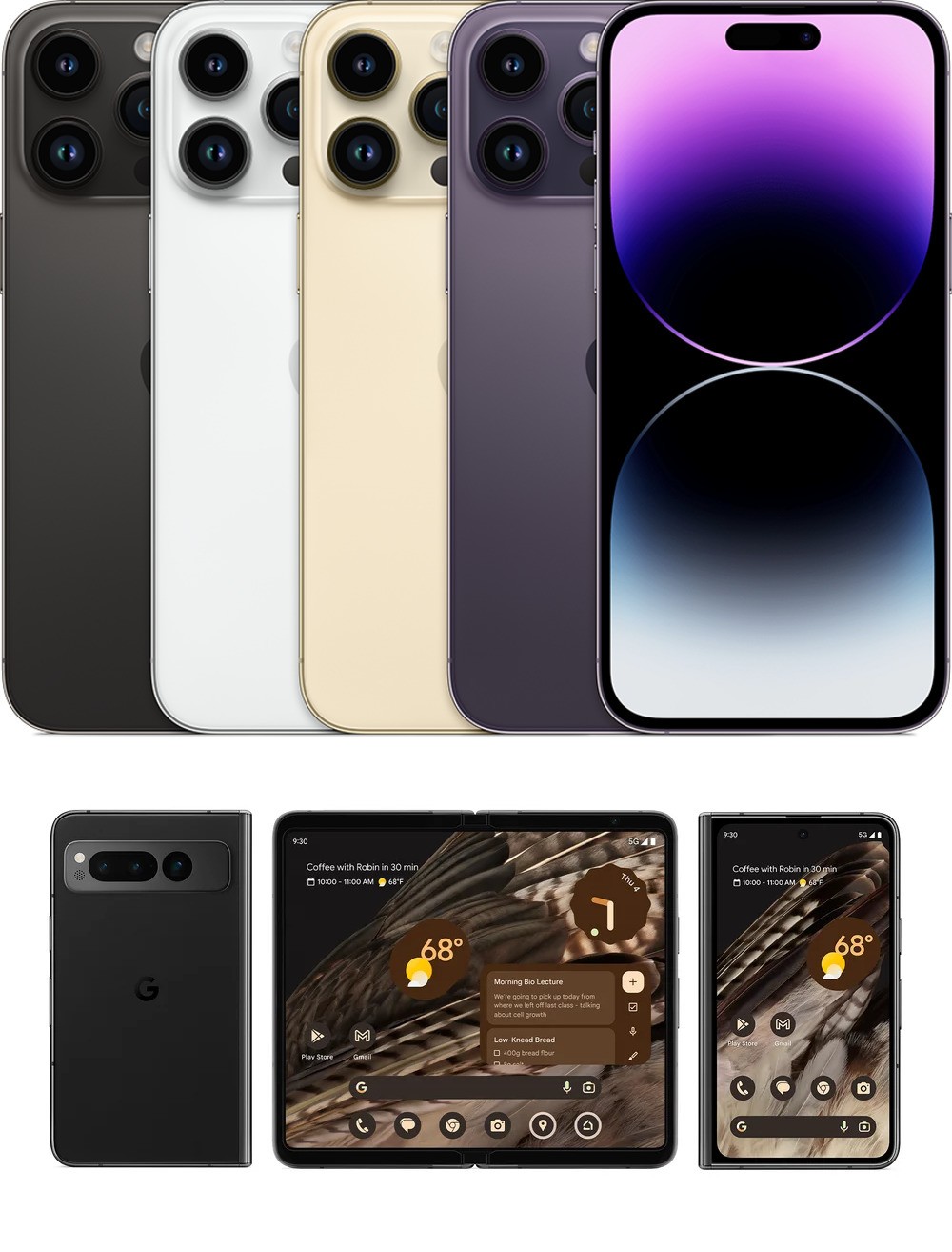 Product photos showcasing a range of iPhone 14 models and the Google Pixel Fold.