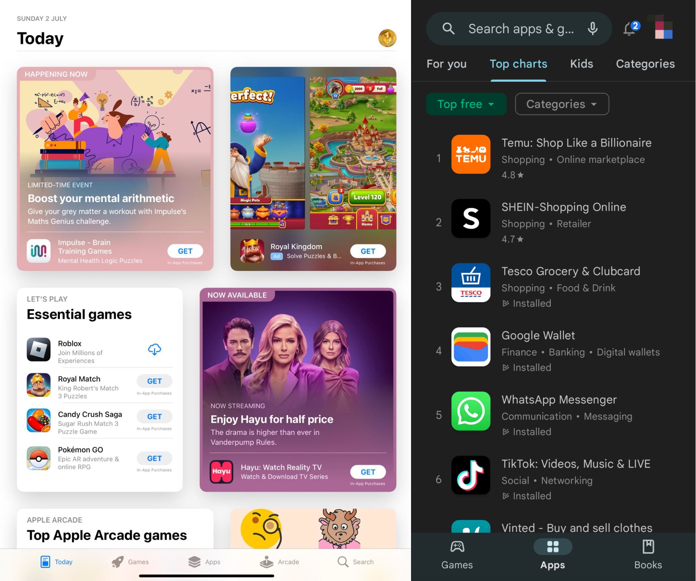 Screenshots of the iOS App Store and Google Play Store interfaces.