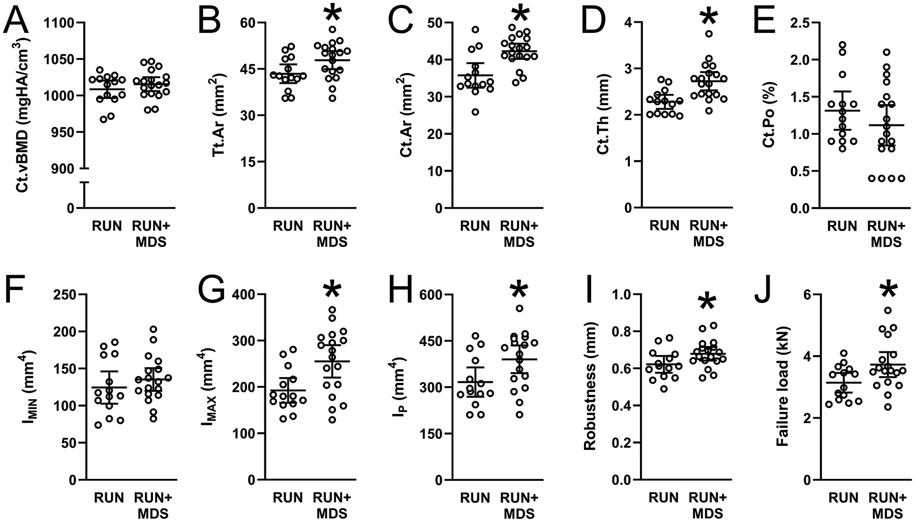 Second metatarsal diaphysis bone properties in RUN and RUN+MDS groups, showing differences in bone mineral density, area, thickness, porosity, moment of inertia, robustness, and failure load.