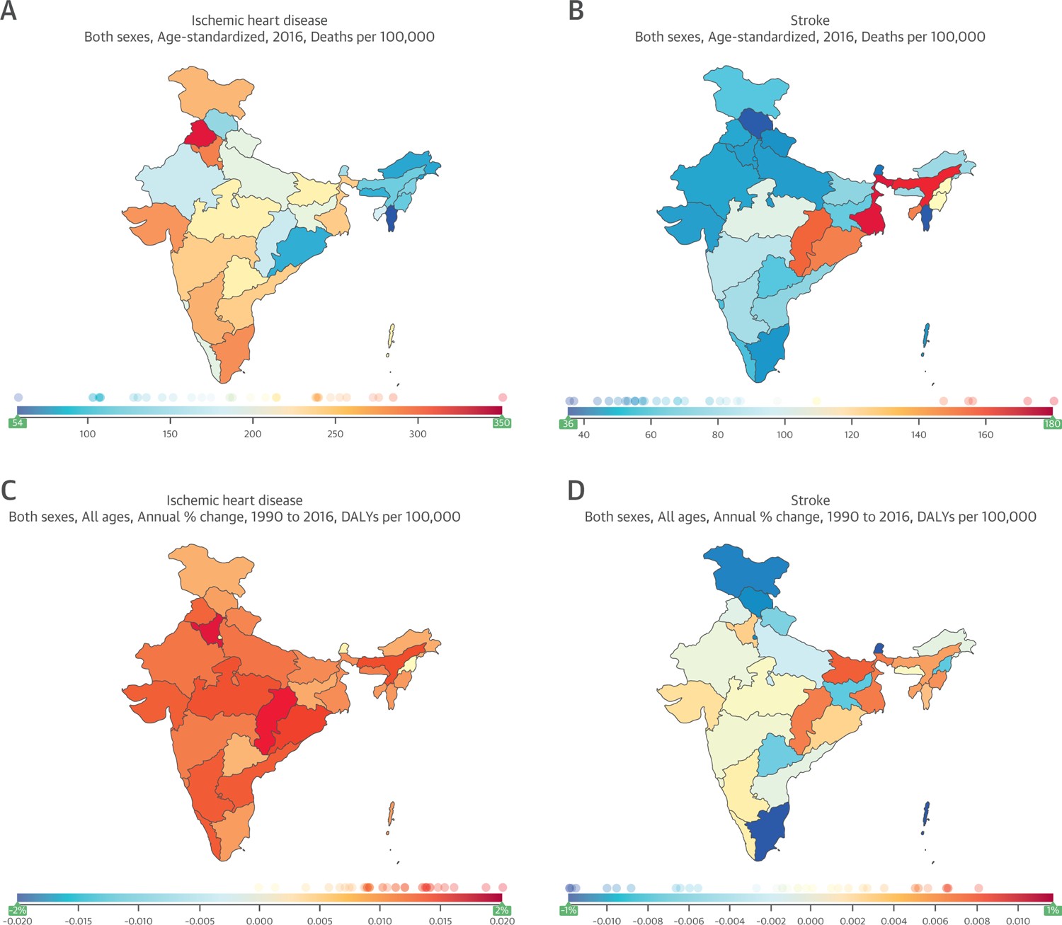 State-Level Variation in Age-Adjusted IHD and Stroke Mortality Rate and DALYs per 100,000 People in India Between 1990 and 2016