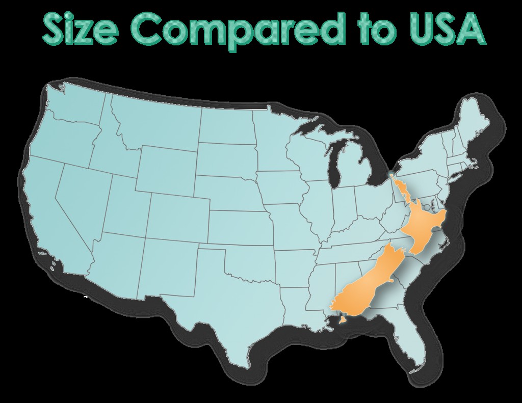 Size comparison of New Zealand and the United States, illustrating New Zealand's north-south length overlaid on the US East Coast from Florida to Pennsylvania, and its area comparable to Colorado.