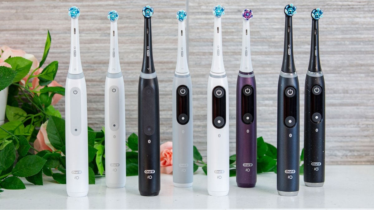 All Oral-B iO Series toothbrushes lined up showcasing the range from iO3 to iO10