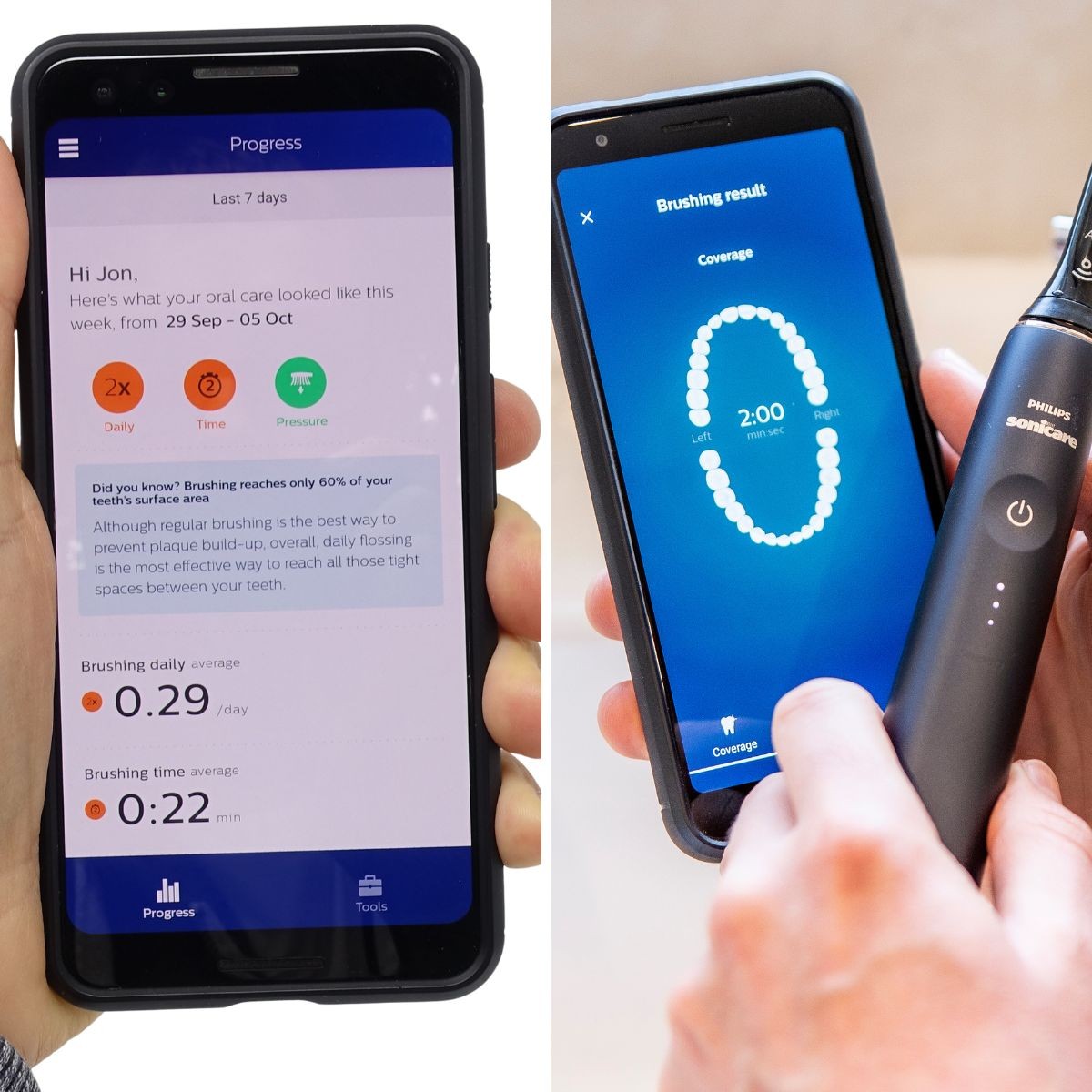 Sonicare app interface showing differences between toothbrush tracking capabilities