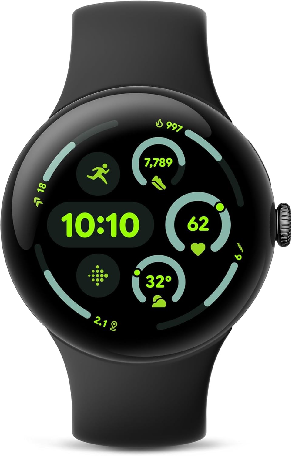 Google Pixel Watch 3 smartwatch showcasing a vibrant watch face with fitness data.