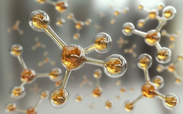 Abstract depiction of potential energy at the atomic level, showcasing molecule models to represent the concept of stored energy in chemical bonds.