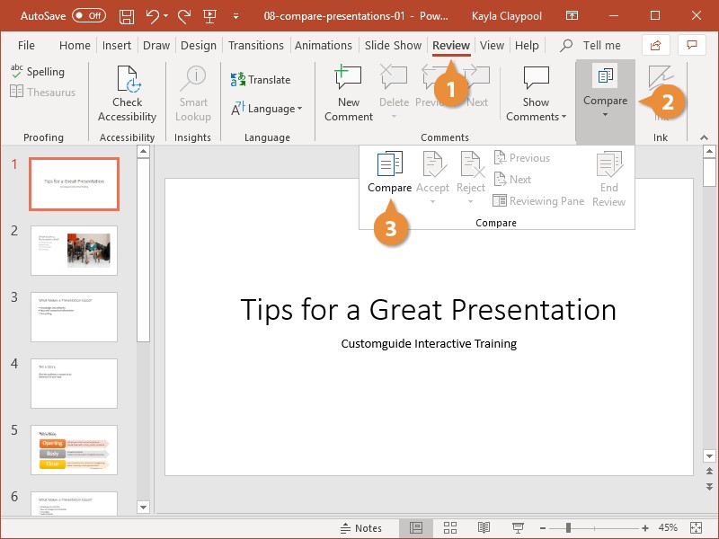 PowerPoint Review Tab: Navigate to the Compare button under the Compare group to start comparing presentations.