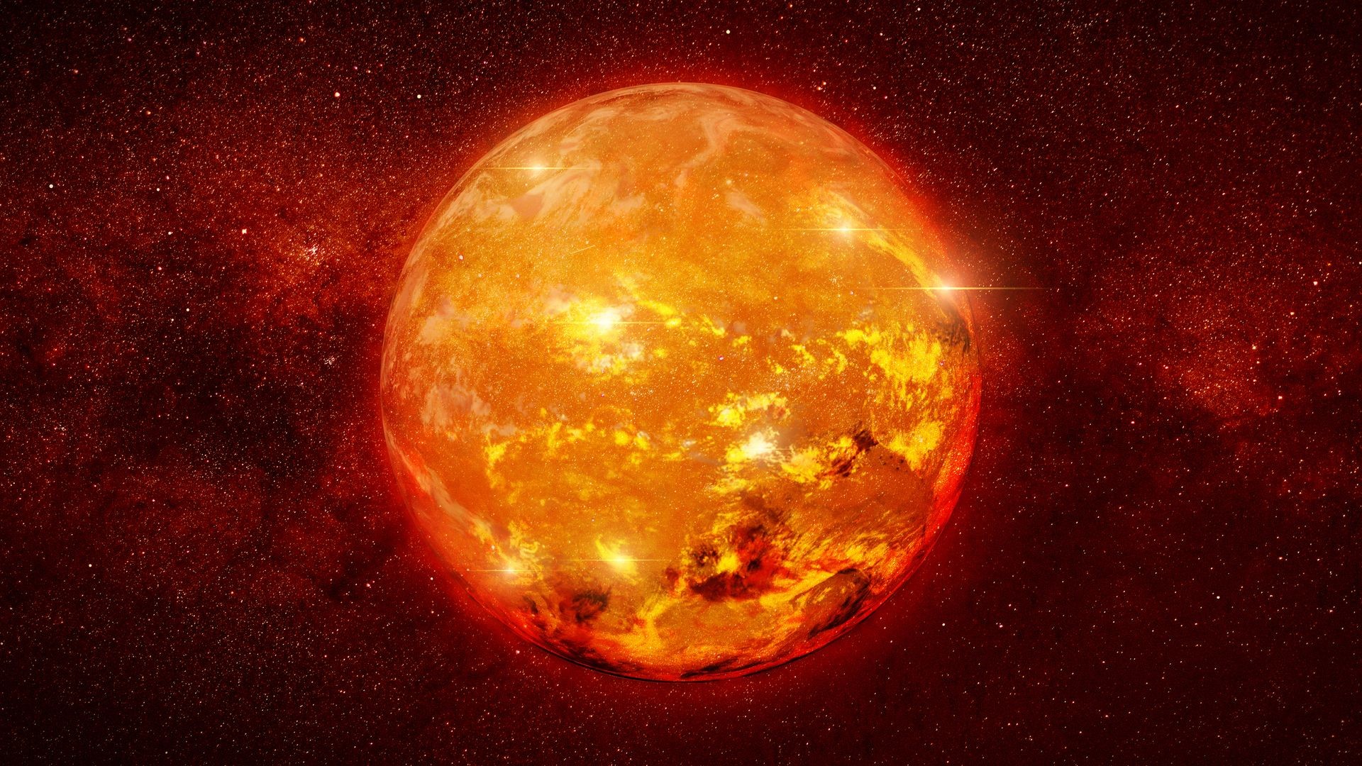 A graphic illustration of a large star glowing orange against a backdrop of smaller stars to visualize the size of the biggest star compared to the sun.