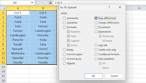 Highlighting row differences using Go To Special in Excel