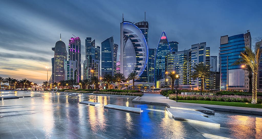 Modern skyscrapers and traditional Islamic architecture in Doha, Qatar