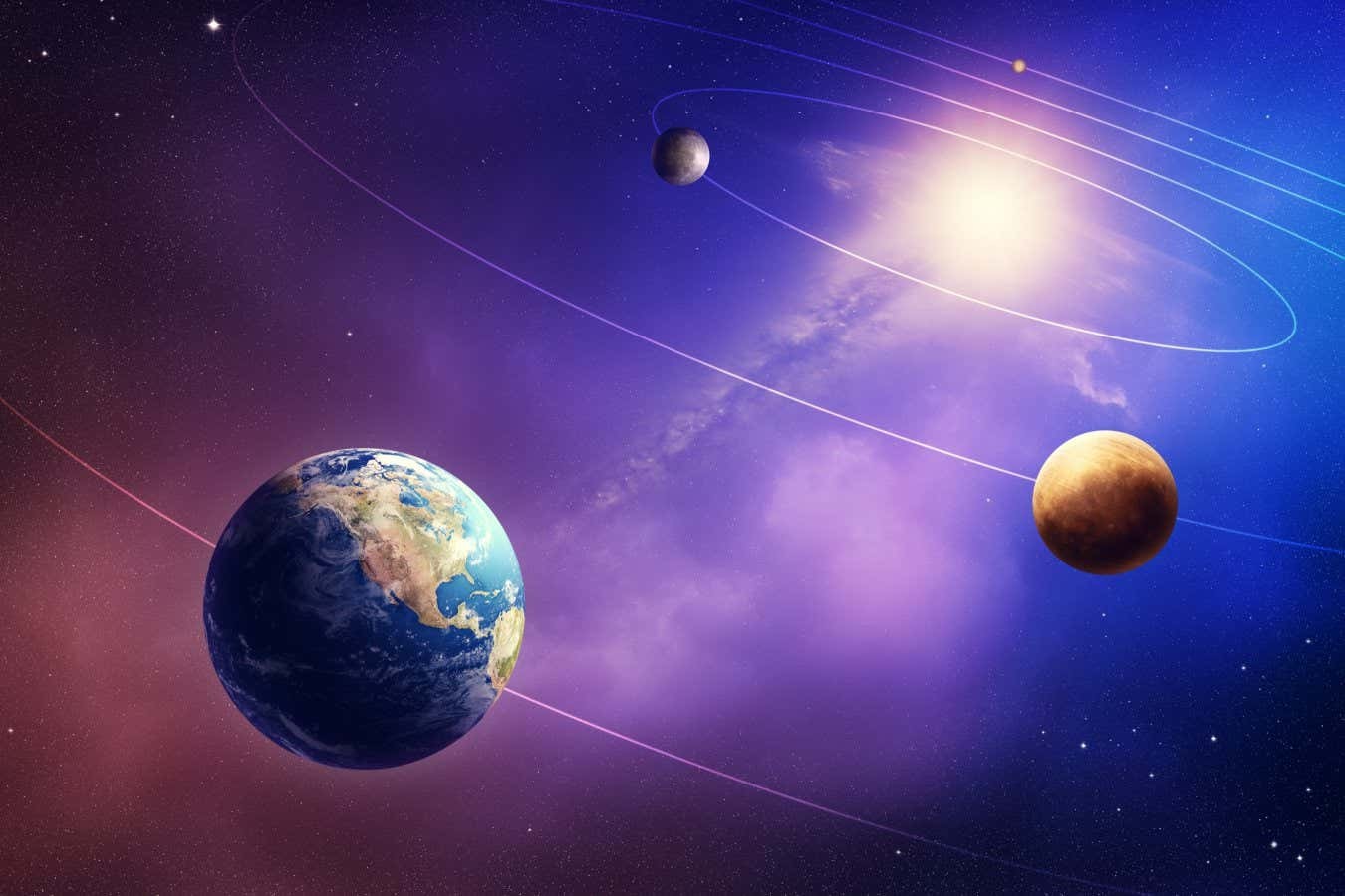 Planetary orbits around the sun, illustrating the gravitational dance between celestial bodies, relevant to understanding Mars gravitational pull compared to Earth's climate cycles