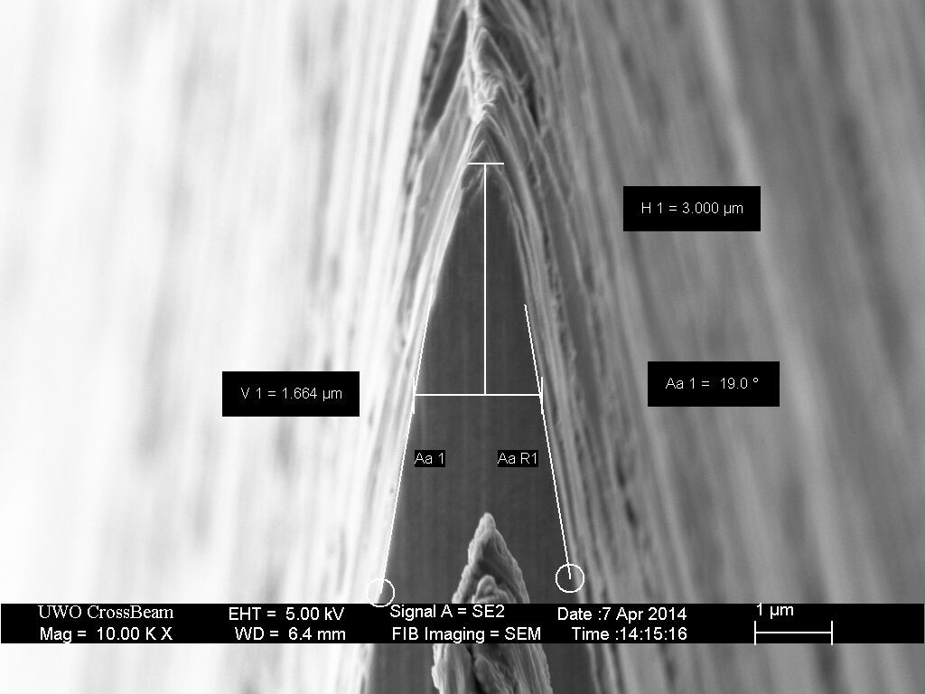 SEM image of a FIB milled cross section with edge geometry measurements