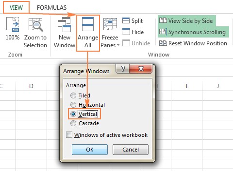 Arrange two Excel windows vertically for side-by-side comparison.