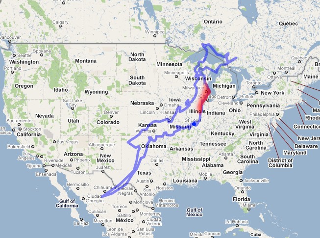 Japan superimposed on the US map with Tokyo aligned to St. Louis, Missouri, showcasing the extensive north-south reach of Japan from Ontario, Canada to Chihuahua, Mexico.