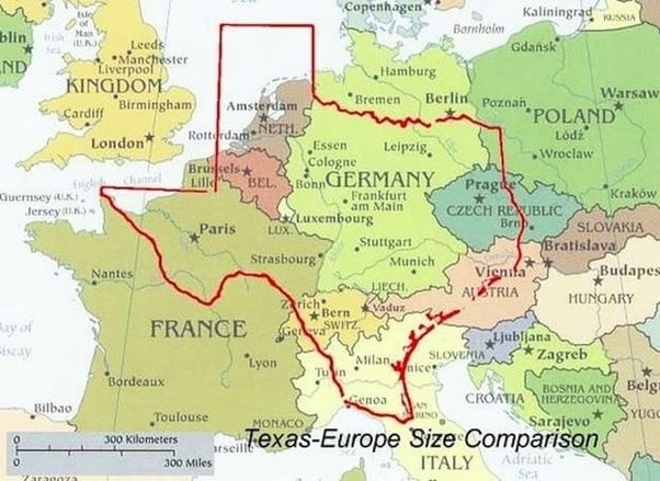 Map demonstrating the size of Texas compared to various European Countries