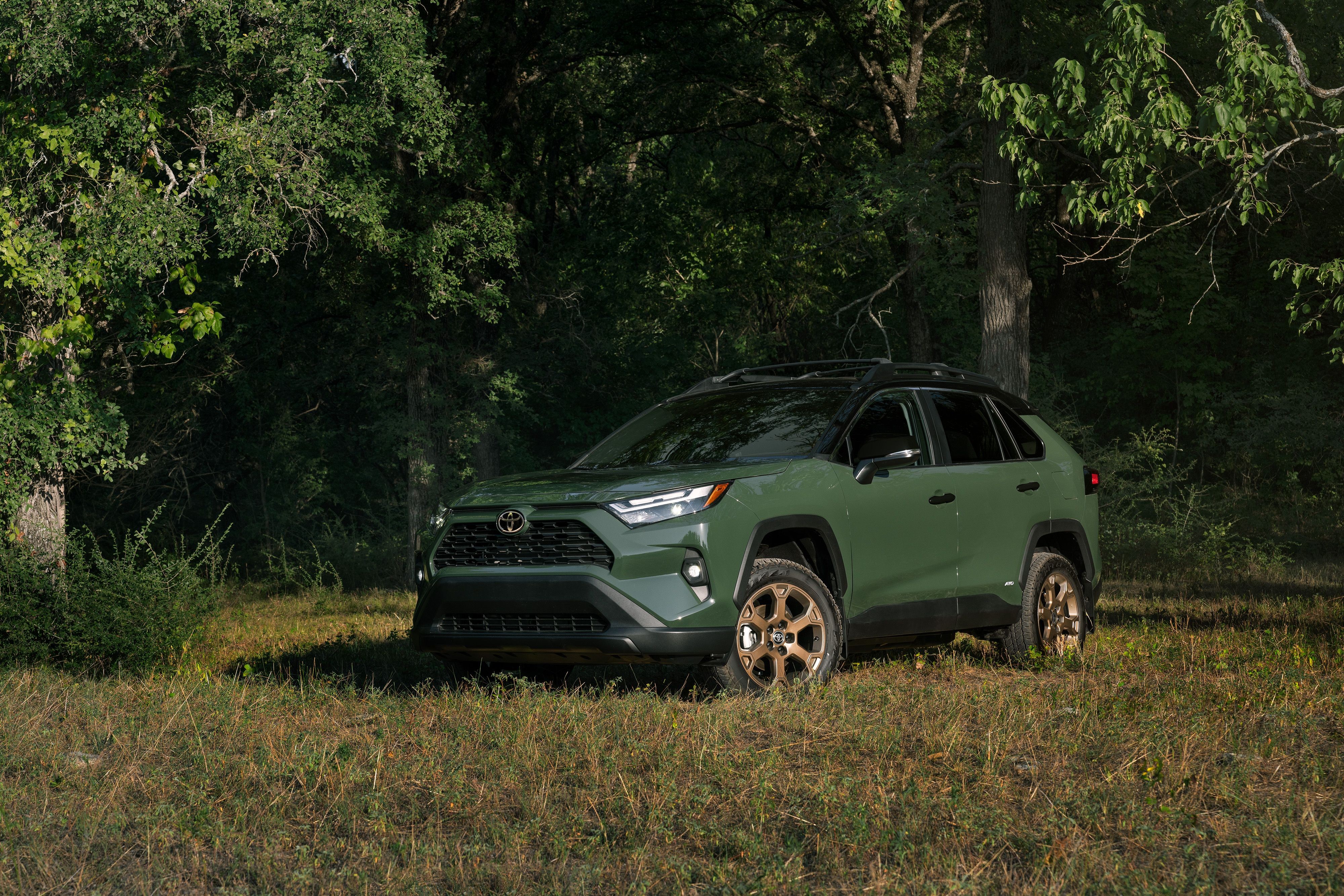 Toyota RAV4 Hybrid Woodland Edition in Army Green showcasing its off-road oriented features