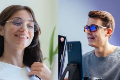 Side-by-side comparison of users wearing top brand blue light glasses