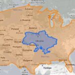 Size comparison map of Ukraine overlaid on the United States, United Kingdom, and Texas, illustrating the area differences.