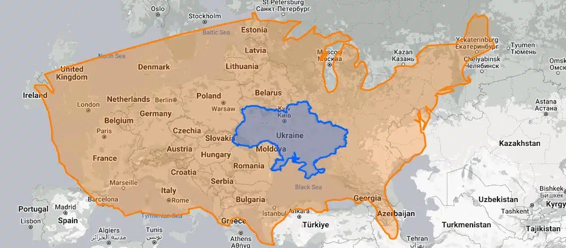 Size comparison map showing Ukraine overlaid on the United States, United Kingdom, and Texas, illustrating the difference in land area.