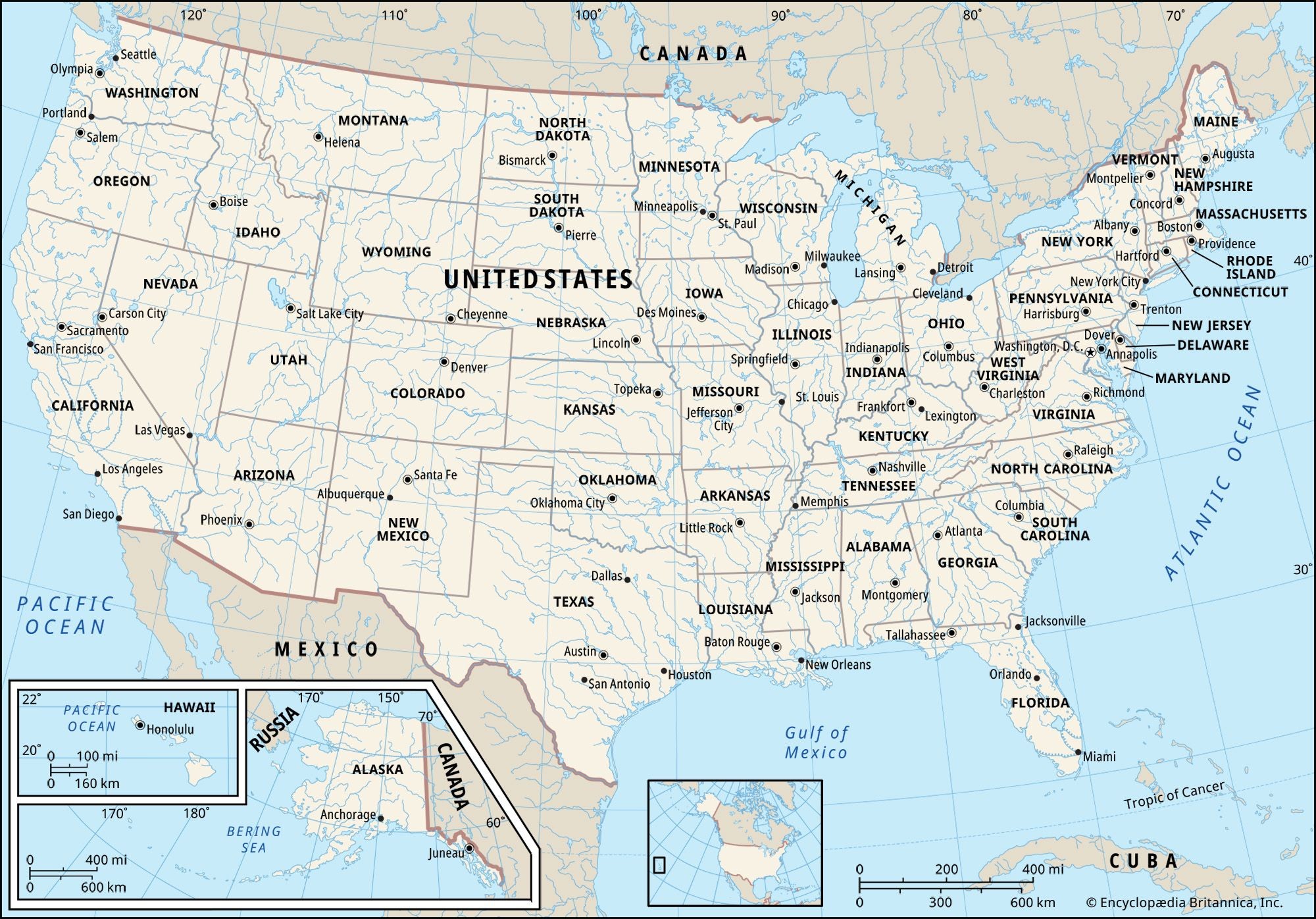 Map of the United States highlighting state boundaries for size comparison, useful for understanding the scale difference between Virginia and larger states like Alaska.