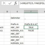 Excel substring comparison example showing formulas to check if Column B prefixes are present in Column A prefixes using LEFT and FIND functions.