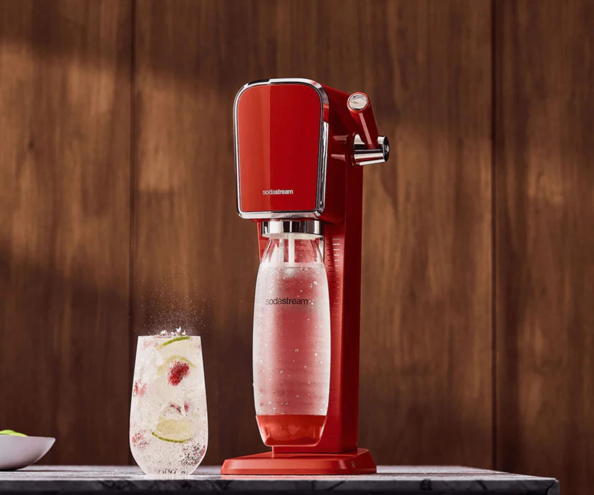 SodaStream Art in red on a kitchen countertop