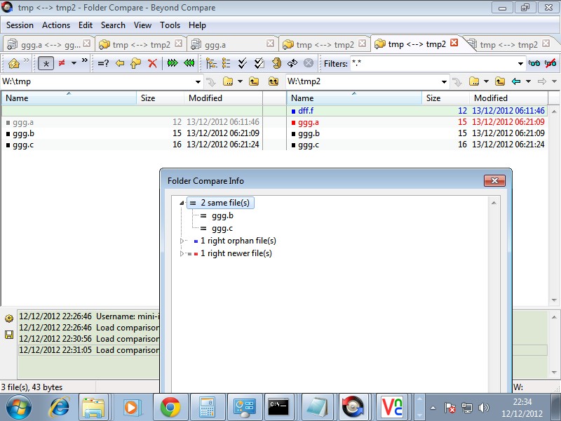 Beyond Compare initial folder comparison showing potential differences in files