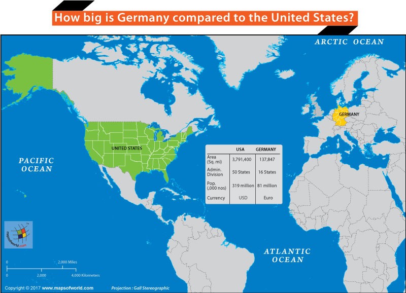 Germany compared to the United States size comparison highlighted on a world map showing relative scale.