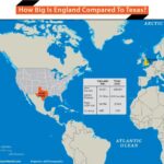 Visual map comparing the size of England, UK to the state of Texas, USA, demonstrating the land area difference.