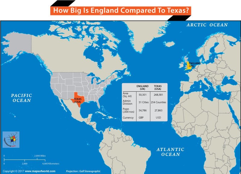 Size Comparison of Texas and the United Kingdom: A map overlay showing the geographical area of England fitting within the borders of Texas, illustrating how much larger Texas is than England.