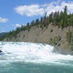 Snowmelt contributes a lot of water during spring in a river in Banff, Canada. Alt text: Banff River in springtime with snowmelt, Canada, illustrating river size and water volume.