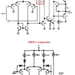 Schematic diagrams comparing the internal circuitry of the LM324 op-amp and LM393 comparator, highlighting the compensation capacitor in the LM324 and the different output stages.