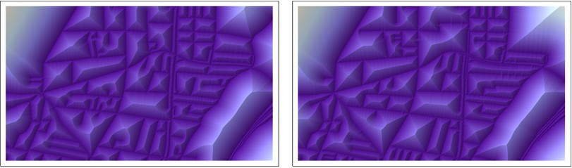 Euclidean distance transform visualized as pseudo-relief surfaces for dataset B (left) and dataset R (right), illustrating distance from features.