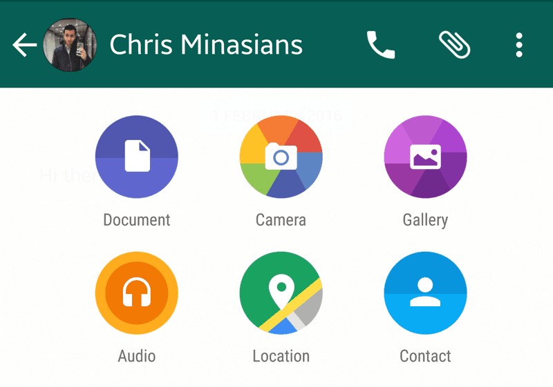 WhatsApp chat interface showing file sharing options