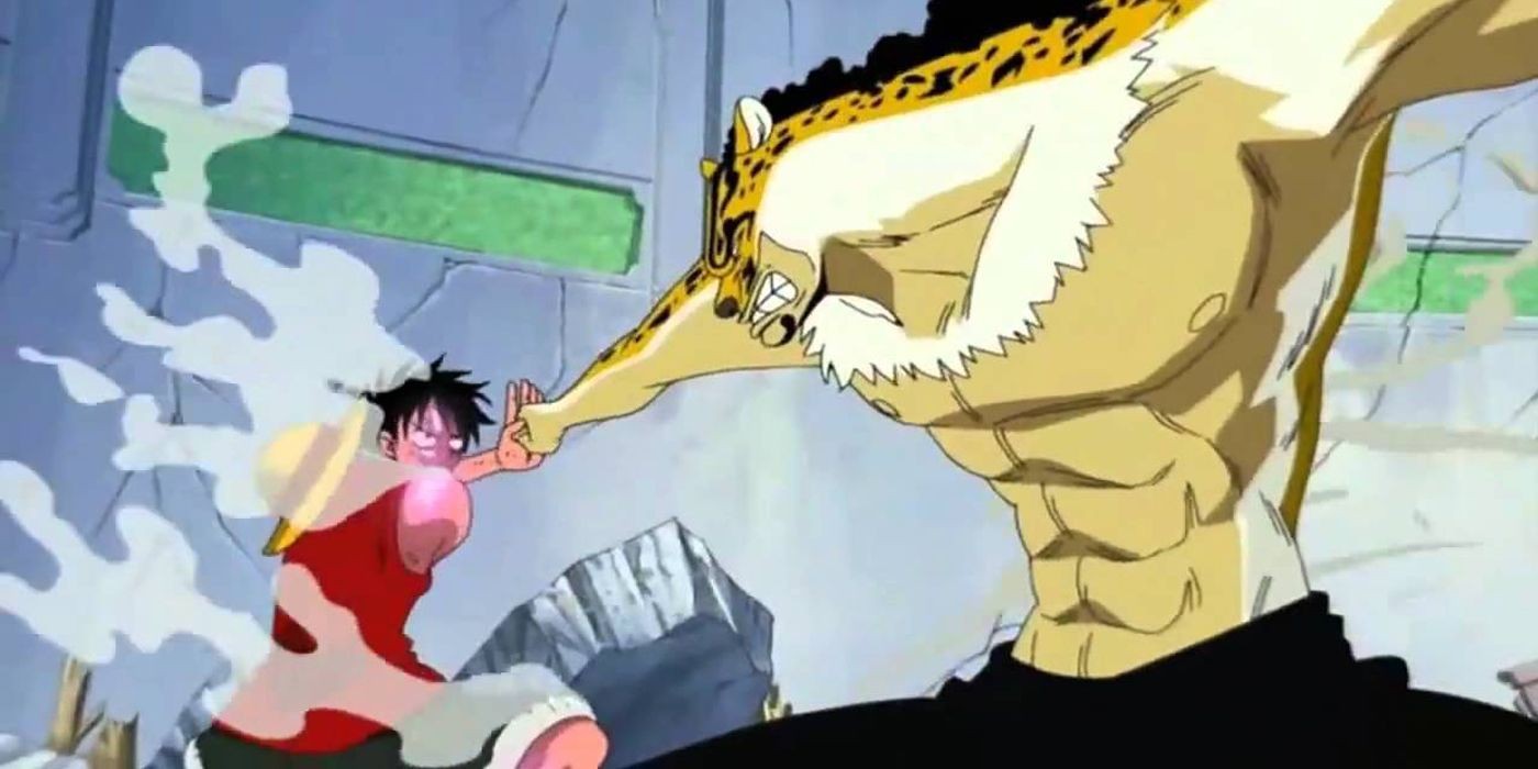 Luffy using Gear 2 against Rob Lucci, demonstrating his enhanced speed and power