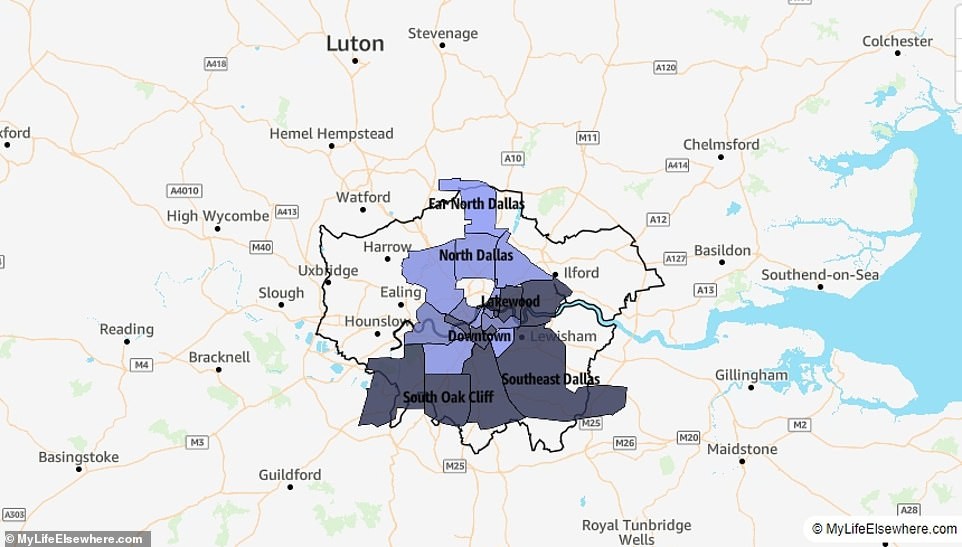 Dallas covers a whopping 880 sq km (339 sq m), but London is larger by 79 per cent (or 1.8 times bigger)