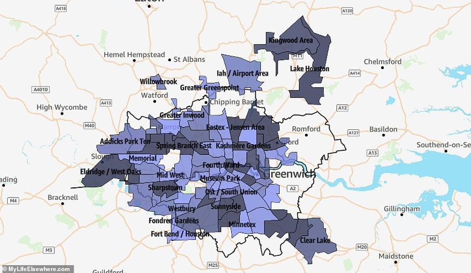 Houston is gigantic, and its 1,659 sq km (640 sq m) area makes it very slightly bigger than London (1,572 sq km/606 sq m)