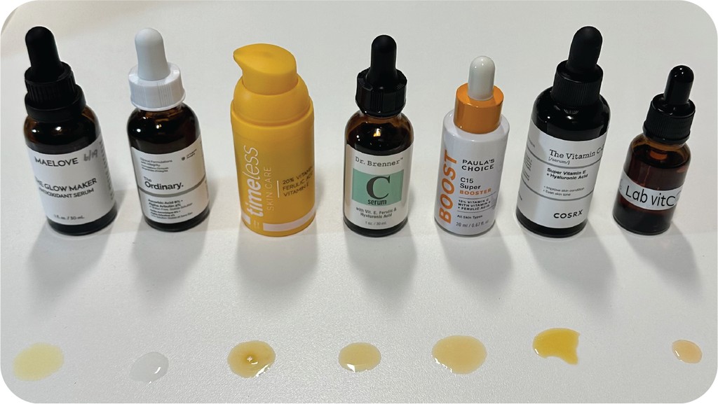 Checking for red flags such as gas build-up and formula separation in a vitamin C serum