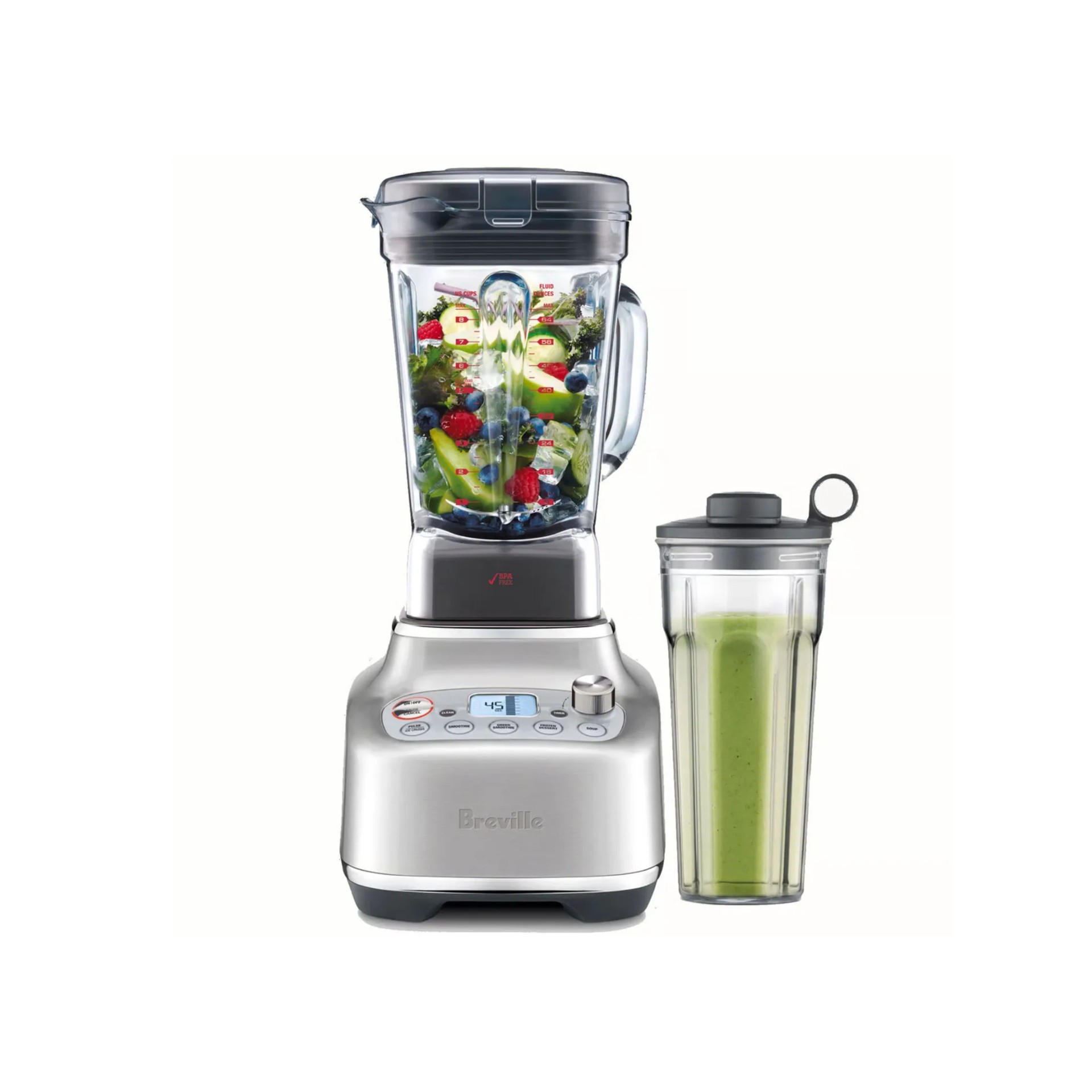 A Breville Super Q blender filled with fruit and with its personal blender attachment