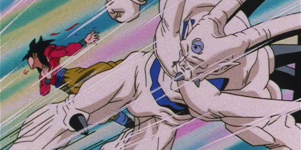Omega Shenron kicks Super Saiyan 4 Goku in Dragon Ball GT, showcasing his immense power