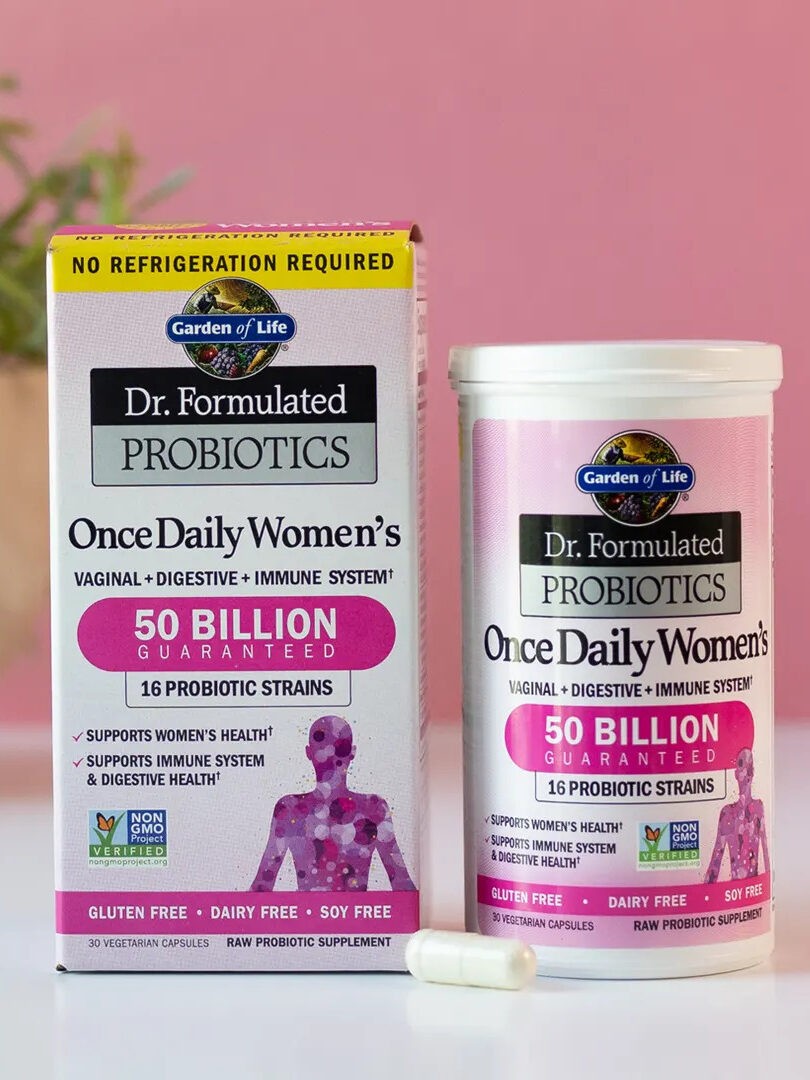 A box and a bottle of Garden of Life probiotics.