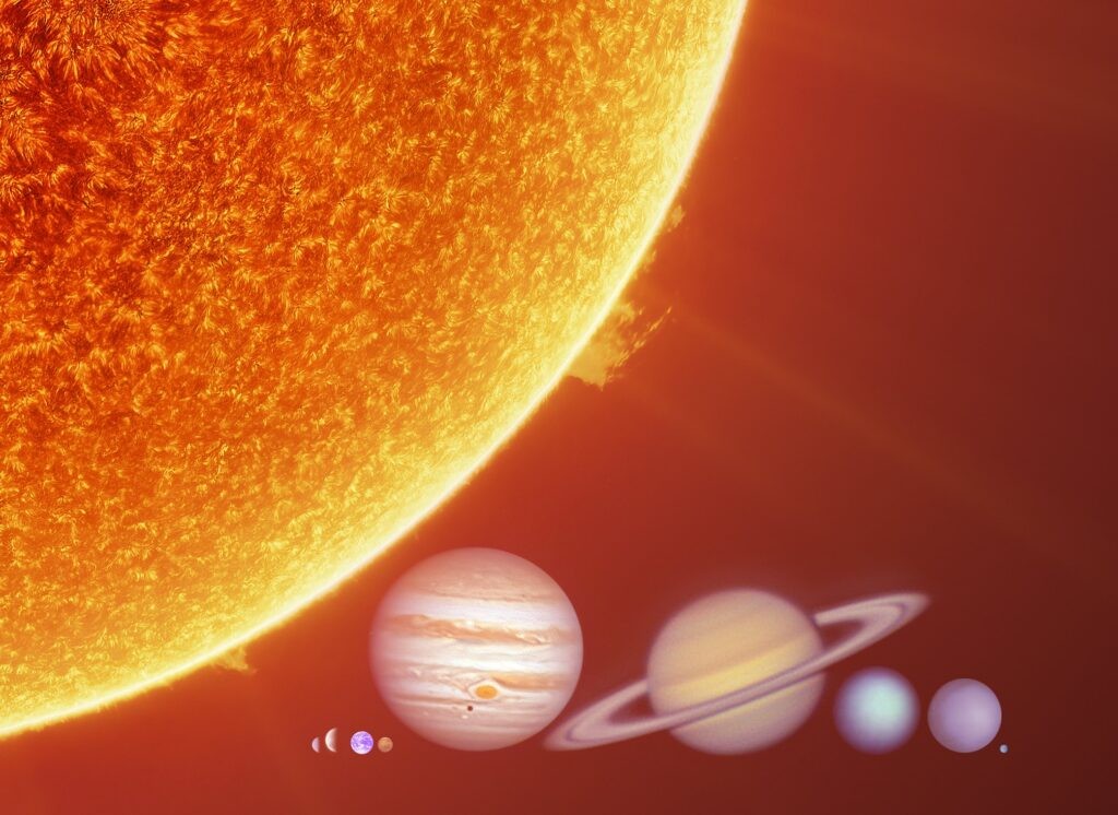 A collage showing the size difference between the Sun and the planets in the Solar System