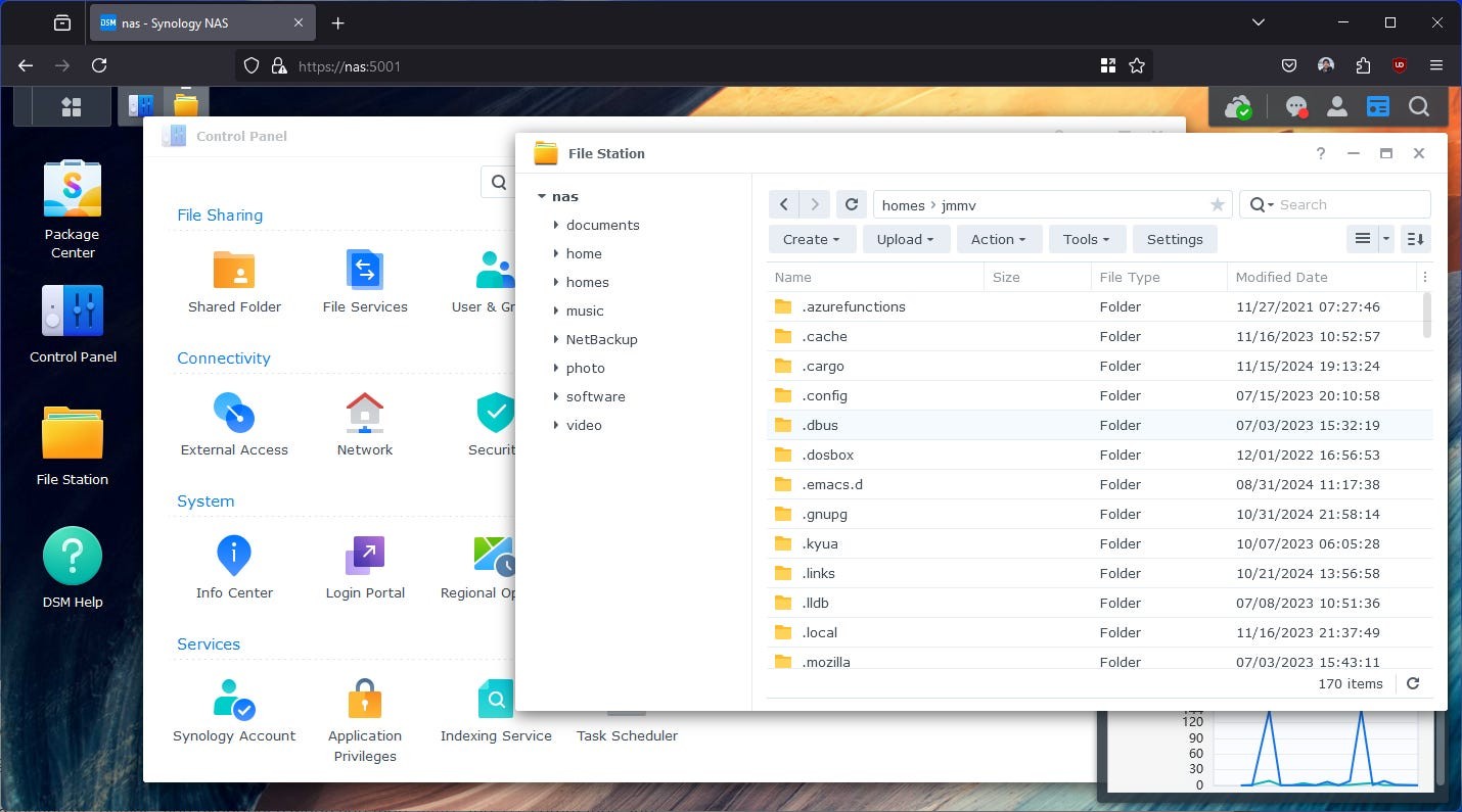The DSM desktop with the Control Panel and the File Station apps open to demonstrate the appearance of the web-based windowing system