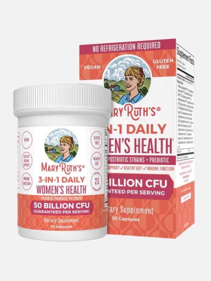A bottle of MaryRuth Organics probiotics, in front of the box packaging.