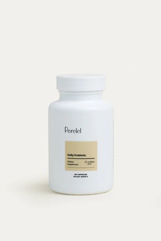 A bottle of Perelel probiotics.